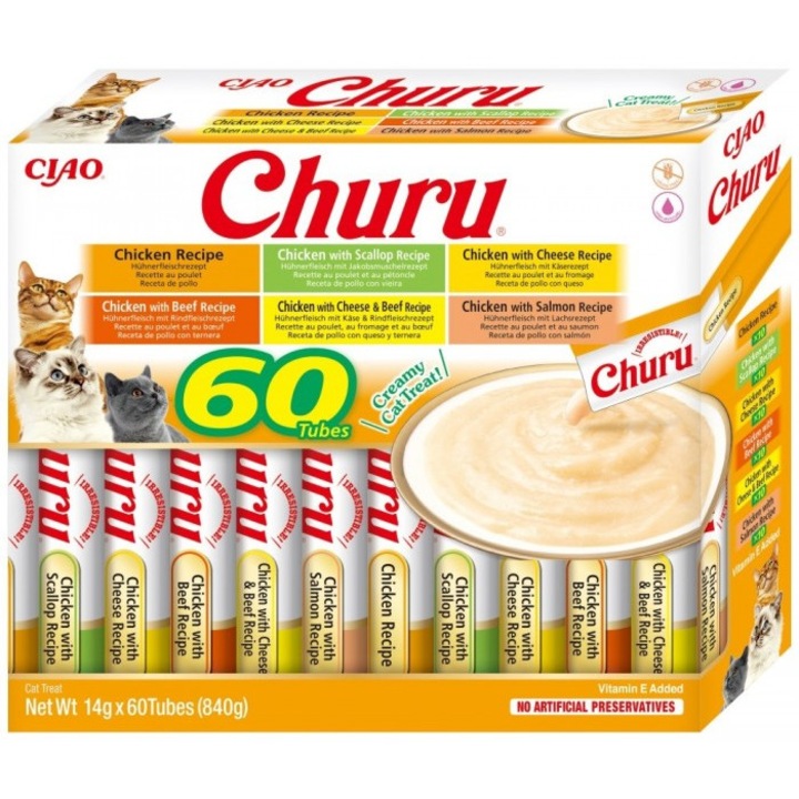 Inaba Churu macskaeledel, gluténmentes, színezék nélkül, csirke ízű, 60x14g