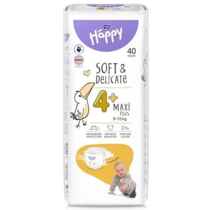Scutece Bella Baby Happy, Soft & Delicate, Maxi Plus 4+, 9-15 kg, 40 buc, respirabile