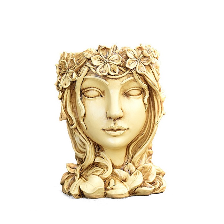 Ghiveci in forma de cap de zeita, rasina, galben, 12x17cm