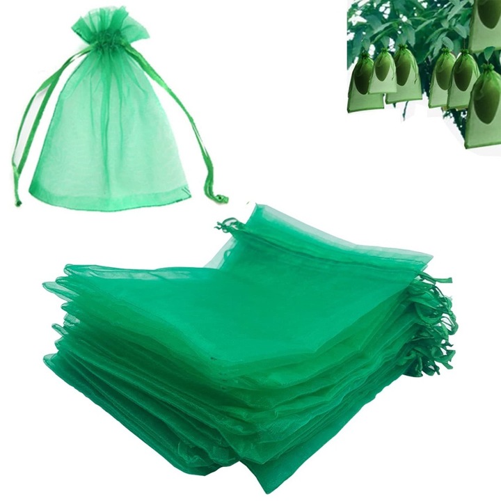 Set 100 Saculeti Protectie pentru Fructe, Cozevdnt, Organza, 20 x 30 cm, Verde