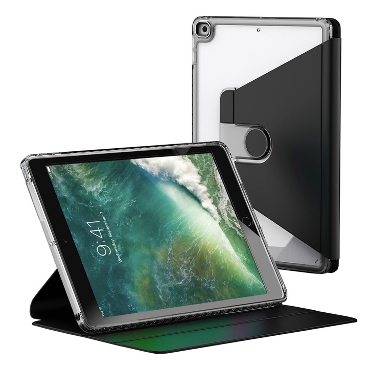 Husa compatibila cu iPad 9.7 2017 / 2018, 9.7 inchi, Tip Carte, Comando Duo Protect, Protectie completa, Functie Wake & Sleep, Configurare Tip Stand Rotativ, Negru