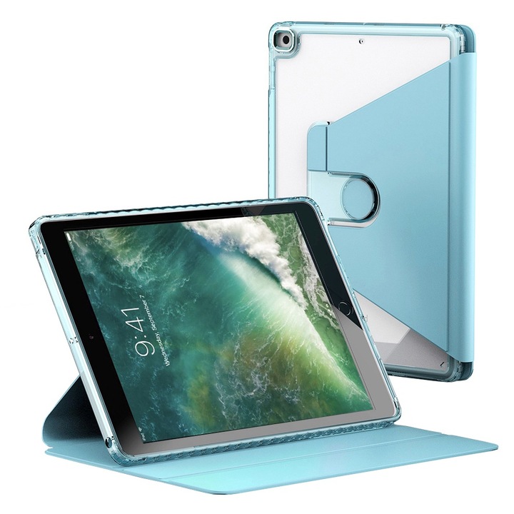 Husa compatibila cu iPad 9.7 2017 / 2018, 9.7 inchi, Tip Carte, Comando Duo Protect, Protectie completa, Functie Wake & Sleep, Configurare Tip Stand Rotativ, Albastru Deschis