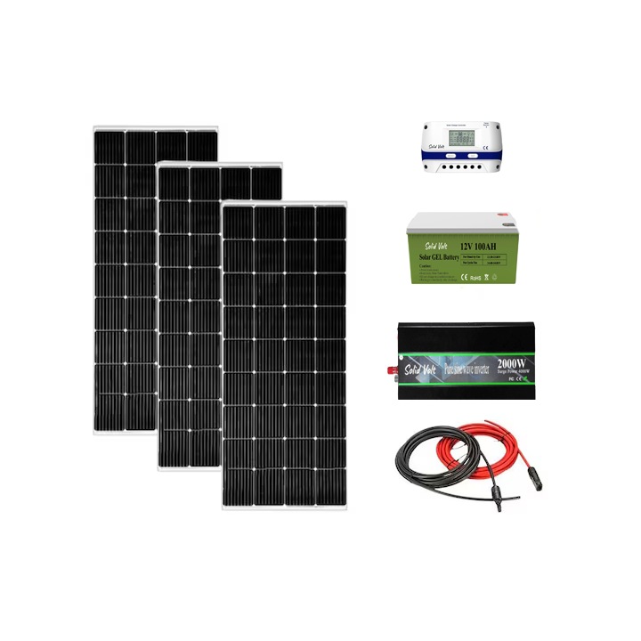 Kit solar fotovoltaic off grid Solid Volt, invertor 2000W 12V, 3 panouri solare 180W, regulator/ controller 30A, baterie solara 100Ah gel si 20 m cablu solar cabana, rulota, casa, autorulota, container, iluminat
