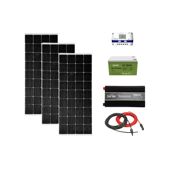 Kit solar fotovoltaic off grid Solid Volt, invertor 5000W 12V, 3 panouri solare 180W, regulator/ controller 30A, baterie solara 100Ah gel si 20 m cablu solar cabana, rulota, casa, autorulota, container, iluminat