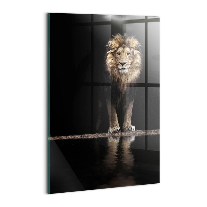 Tablou Sticla, Wallfluent, Leu animal salbatic singuratic, Negru, 20x30 cm, 010010010120100005624