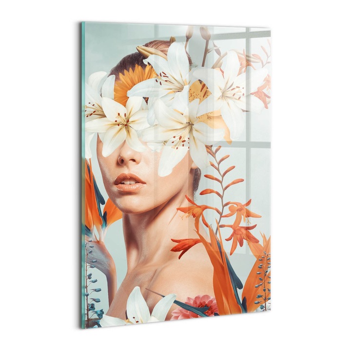 Tablou Sticla, Wallfluent, Femeie abstracta cu flori, Turcoaz, 20x30 cm, 010010010120100075385
