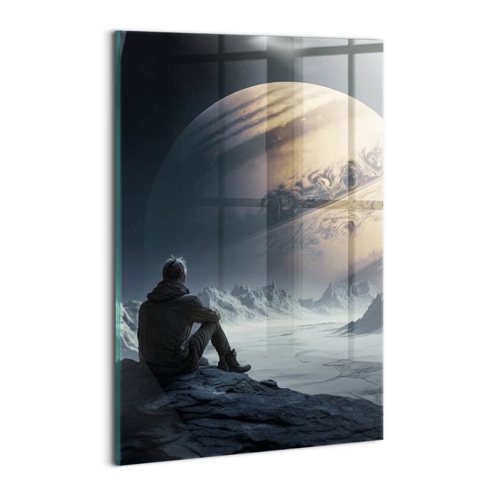 Tablou Sticla, Wallfluent, Omul in spatiu si planeta, Albastru inchis, 20x30 cm, 010010010120100075354