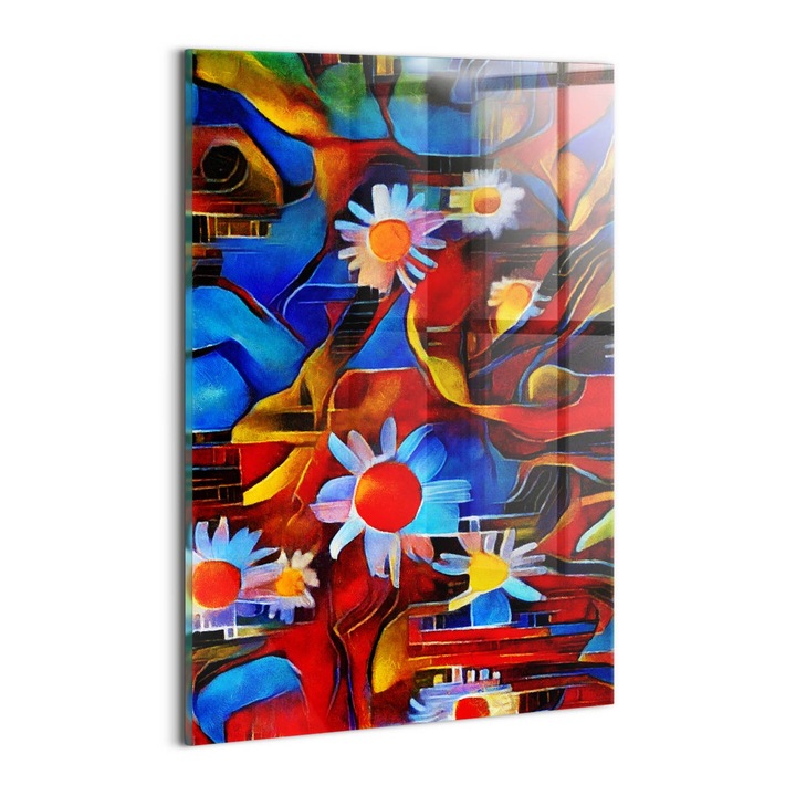 Tablou Sticla, Wallfluent, Arta cubismului - flori colorate, Multicolor, 20x30 cm, 010010010120100075269