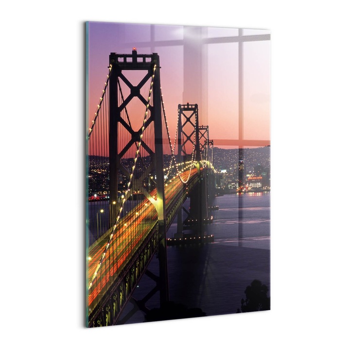 Tablou Sticla, Wallfluent, Podul San Francisco si apusul soarelui, Roz, 40x60 cm, 010010010160100074708