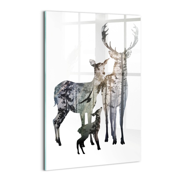 Tablou Sticla, Wallfluent, Familia de caprioare, Gri, 40x60 cm, 010010010160100075000