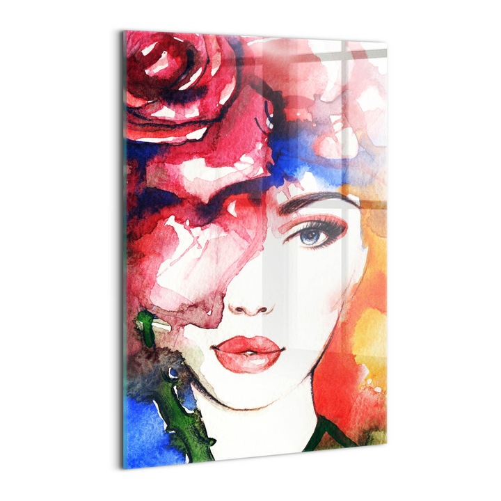 Tablou Sticla, Wallfluent, Portretul colorat al unei femei, Rosu, 40x60 cm, 010010010160100075036