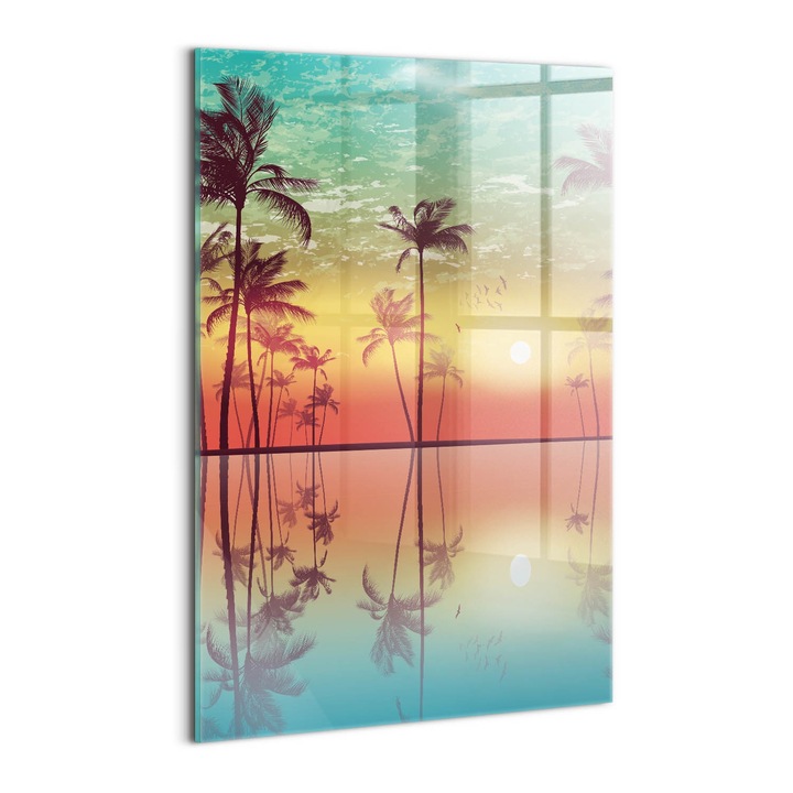 Tablou Sticla, Wallfluent, Palmieri tropicali la apus, Turcoaz, 40x60 cm, 010010010160100075164