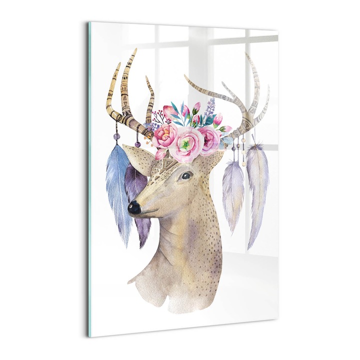 Tablou Sticla, Wallfluent, Cap de cerb si flori, Bej, 40x60 cm, 010010010160100075151