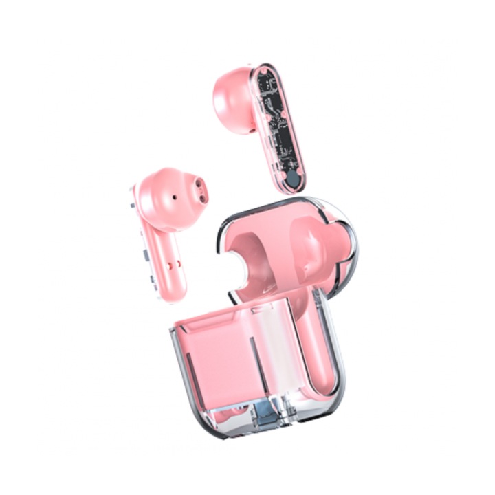 TM10 Vezeték nélküli fülhallgató, HI-FI hang, Bluetooth 5.0, 450 mAh, érintőgomb, rózsaszín