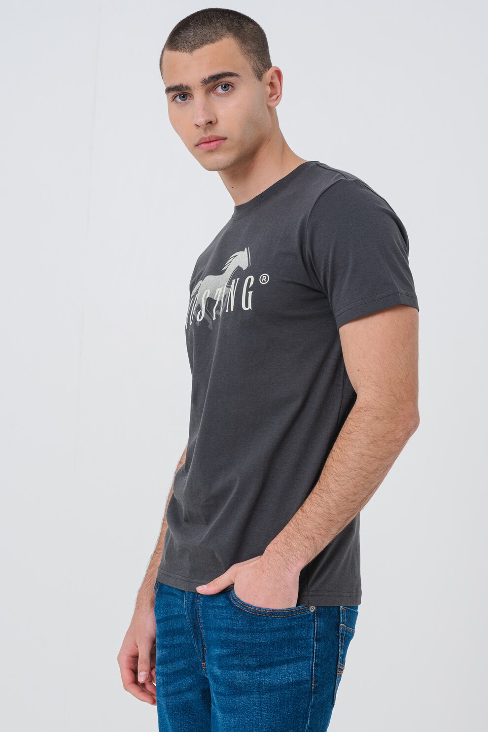 Mustang, Tricou cu imprimeu logo, Gri deschis, Alb murdar