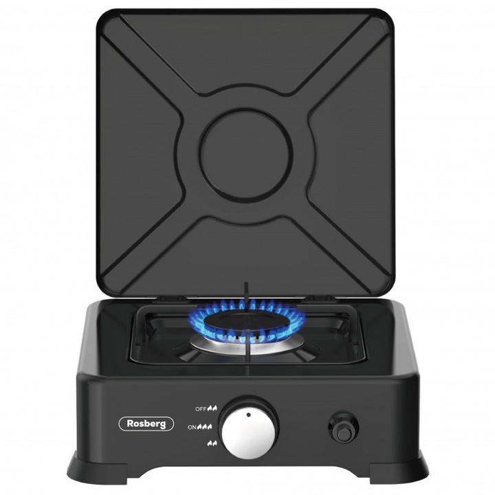 Единичен газов котлон с капак Rosberg R51454E1L, 2.2 kWh, 30 mbar, Автоматично запалване, Черен