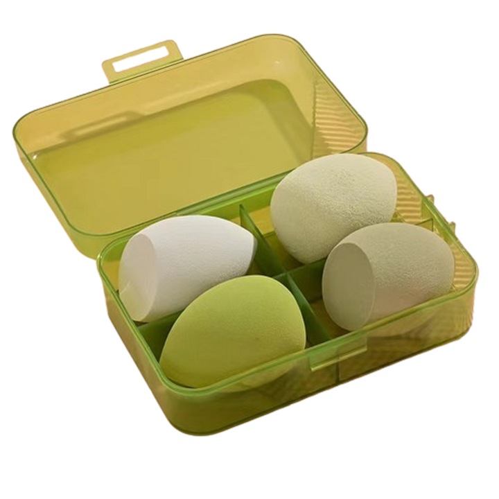 Set 4 bureti machiaj, Cutie depozitare, Pentru aplicarea machiajului tip fondului de ten, Utilizare umeda si uscata, Verde