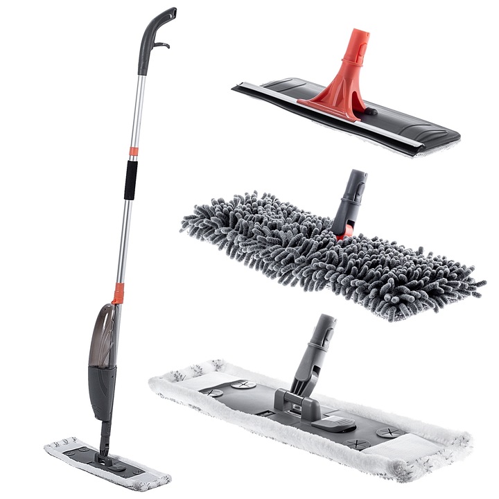 Mop plat cu pulverizator 3 in 1, KADAX, Rotativ, 3 Capete Incluse, Gri