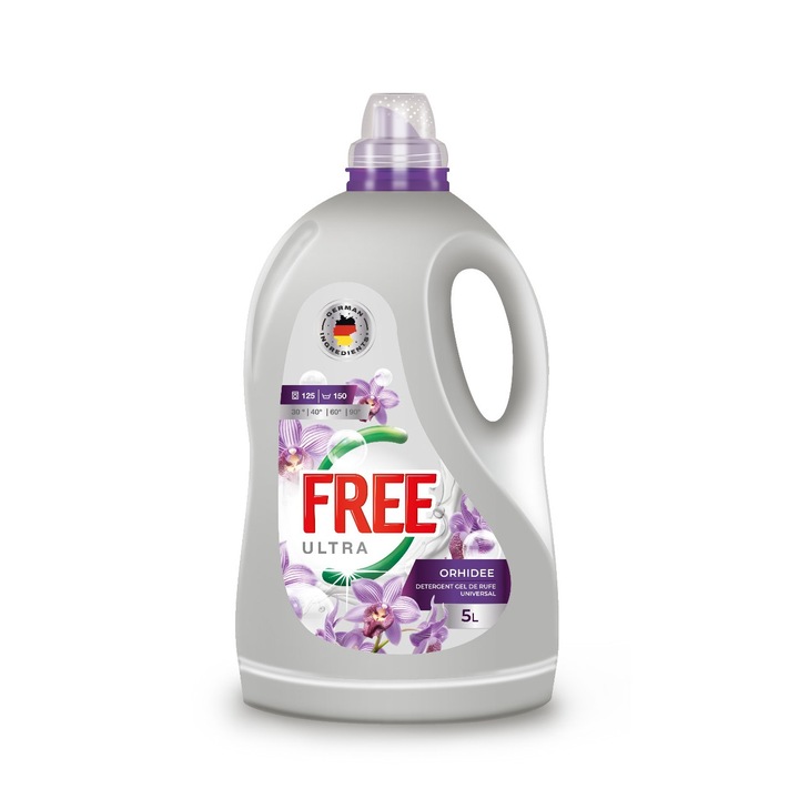 Detergent Gel de Rufe Lichid Universal Ultra FREE Orhidee, 125 Spalari Automate sau 150 Spalari Manuale, 5l