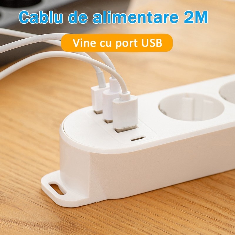 Prelungitor Fast Charge, Redkid®, Cablu 2m, 5V 2.1A, 3 Porturi USB ...