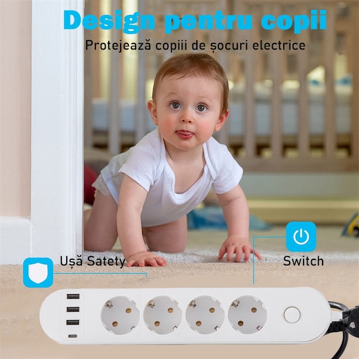 Prelungitor Fast Charge, Redkid®, Cablu 2m, 5V 2.1A, 3 Porturi USB ...