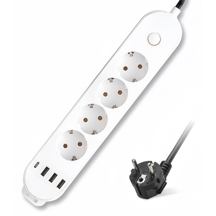 Удължител за бързо зареждане Redkid, кабел 2 м, 5 V 2.1 A, USB x 3, 1 Type-C, с превключвател