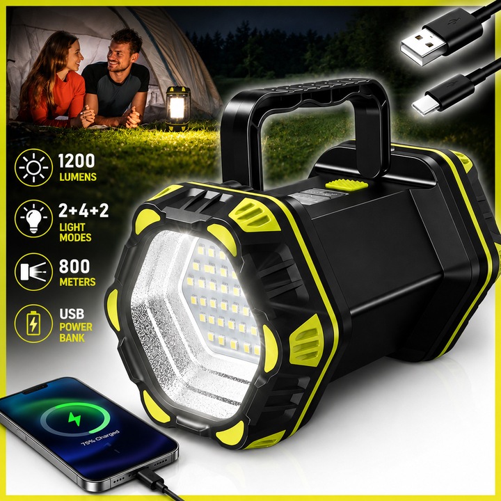 Lanterna Multifunctionala, BYONDSELF®, 1200Lm, 8 Moduri de Lumina, Acumulator 4800mAh, Functie Powerbank, Incarcare USB, IP65 Rezistenta la Apa, Negru