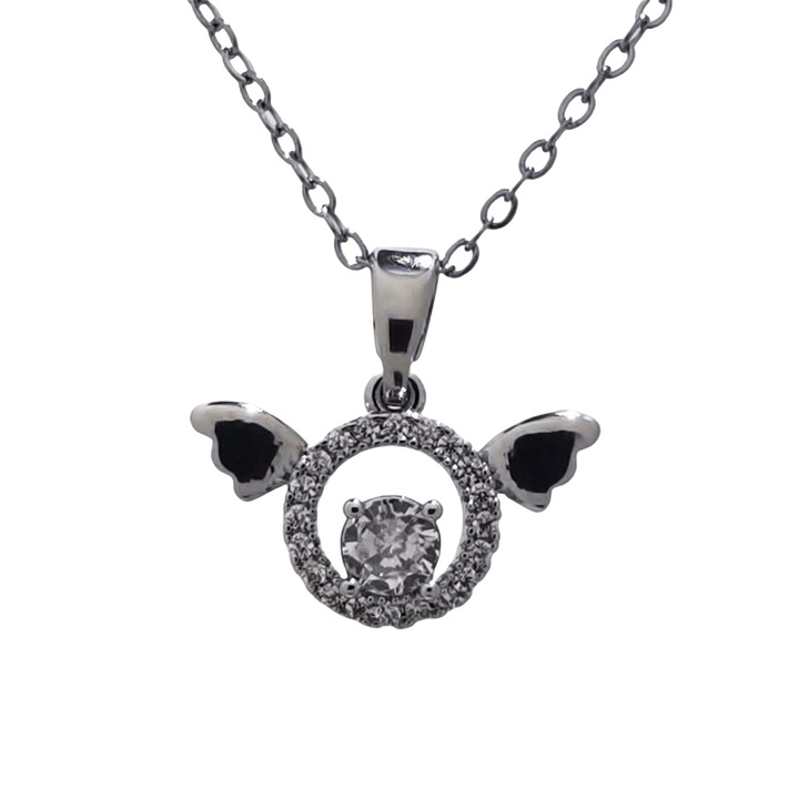 Colier cu zirconiu in forma de aripi de inger, cu saculet de catifea, argintiu