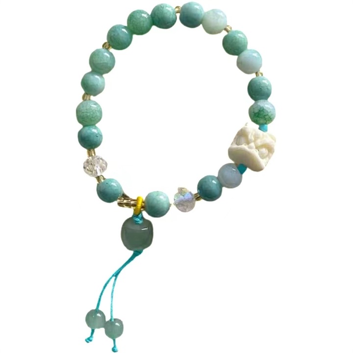 Bratara ajustabila, pietre semipretioase, dans leu chinezesc, multicolor, 8mm, set cu saculet catifea