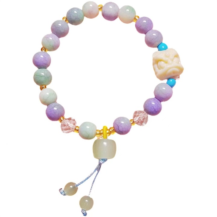 Bratara ajustabila, pietre semipretioase, leu chinezesc, multicolor, 8mm, saculet catifea