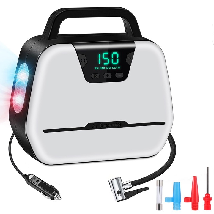 Преносим автомобилен компресор, BYONDSELF®, DC 12V/AC 220V, 120W, с дисплей и LED фенерче, захранващ кабел 1,6 м, бял