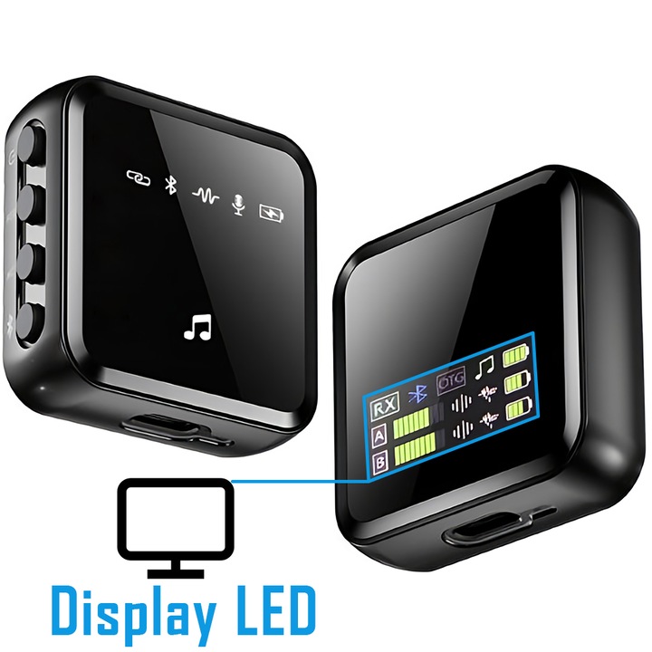 Microfon lavaliera profesional wireless, display si indicatori LED, conectare 2.4G, type C si lightning, fara fir, plug & play, nuomovo™