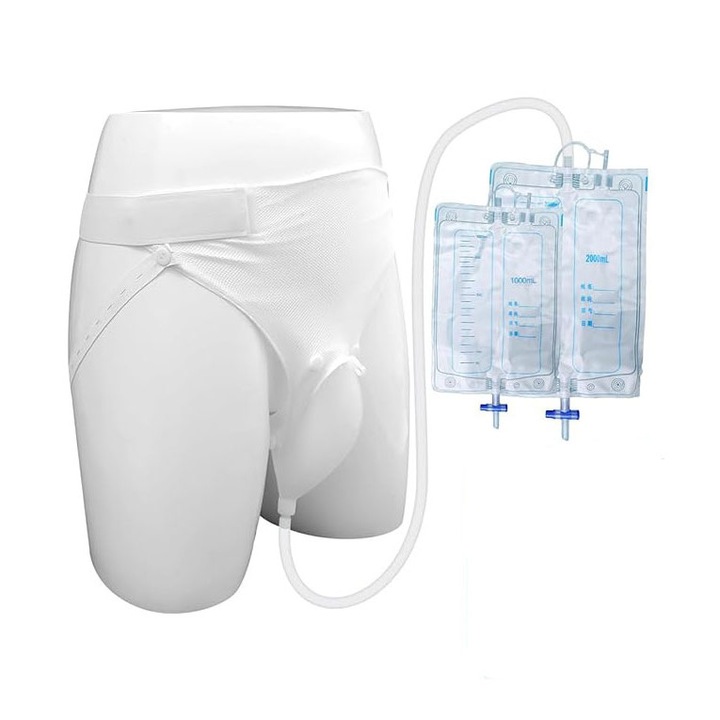 Vizeletinkontinencia készlet, JENUOS, szilikonból készült húgyúti szonda férfiaknak, 2 steril vizeletzsákkal és evakuációs tömlővel, atrófiás férfi