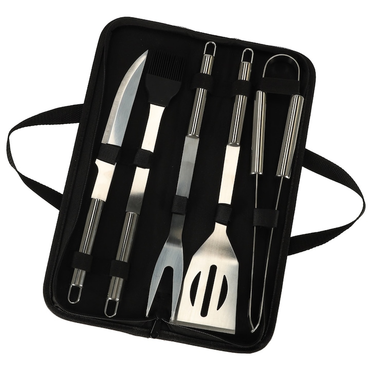 Set Ustensile gratar, Inox, 6 Piese, 38 x 12 x 5 cm, Negru / Argintiu