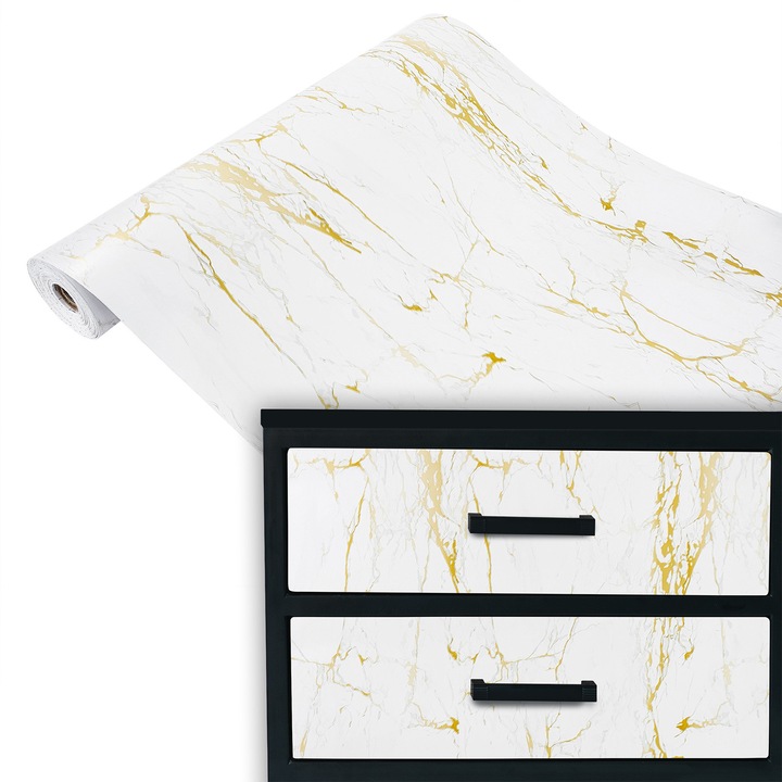 Tapet autoadeziv pentru usi, vanzare la metru, 45 x 100 cm, DecoMeister®, Model Marmura Alba Si Aurie, P002-045-0100