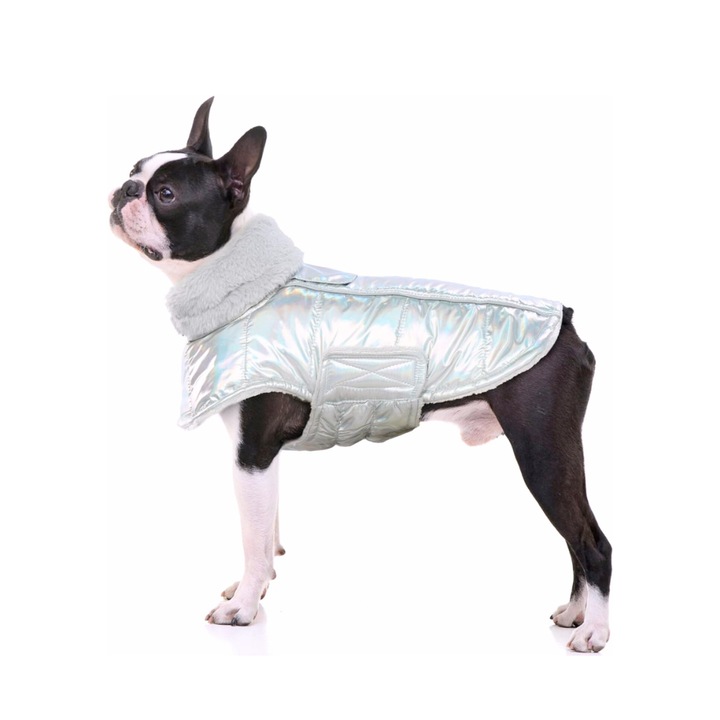 Kutyakabát, meleg, polár, télre, vízálló, magas gallér, fényvisszaverő, M-es méret, holografikus szürke