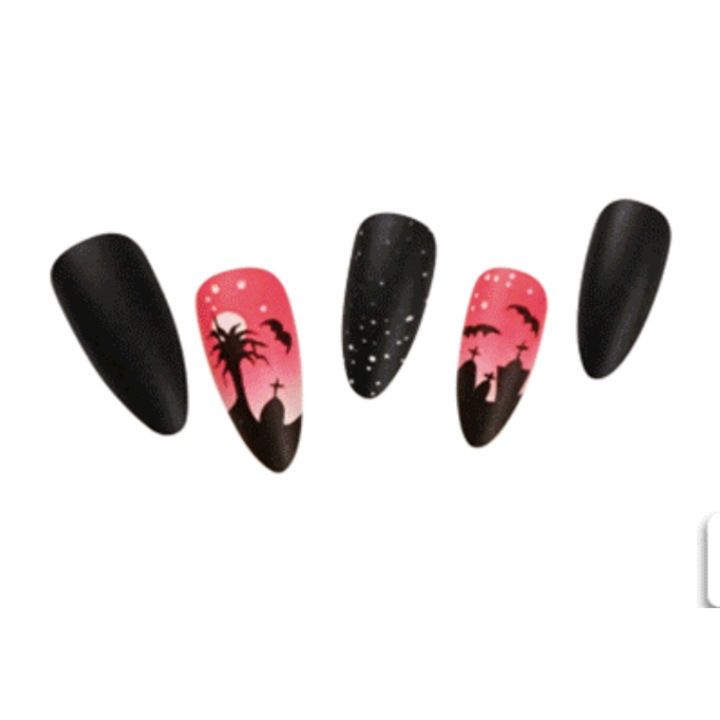 Set 24 unghii false, tip press-on, pentru Halloween, cu varfuri ascutite, material ABS, cu adeziv inclus