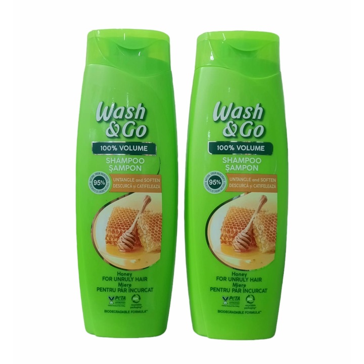 Set 2 x Sampon Wash&Go pentru par dezordonat cu extract de miere, 360 ml