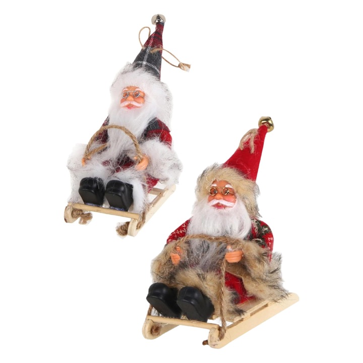 Set de 2 decoratiuni in forma de Mos Craciun pe sanie, 18 cm, Alb si rosu