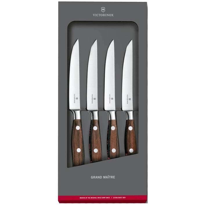 Szett 4db Victorinox Grand Maitre Wood steak kés, kovácsolt, egyenes penge 12 cm, fa fogantyúk, díszdoboz