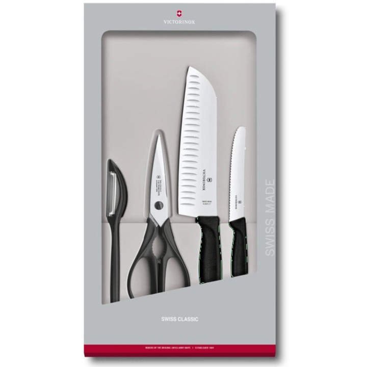 Set 4 piese bucatarie Victorinox Swiss Classic, manere negre plastic, cutie cadou