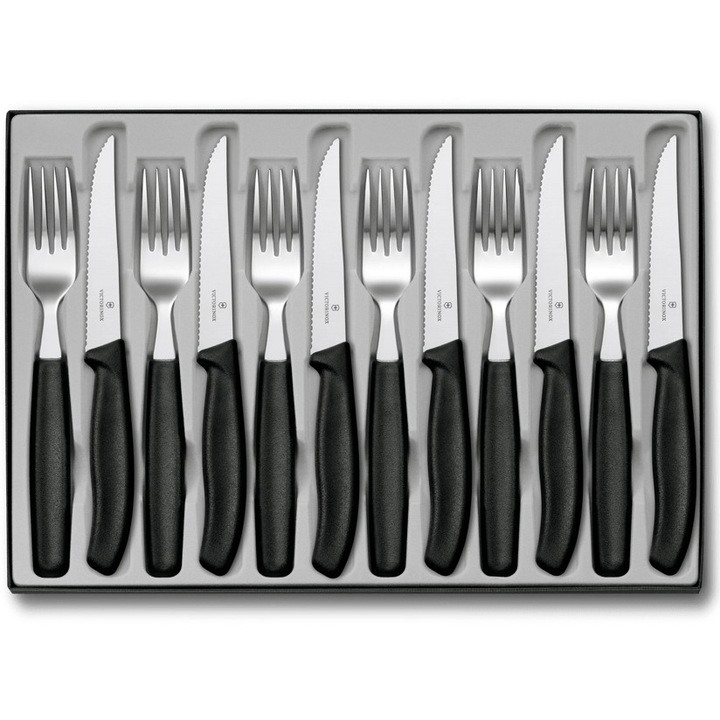 Set tacamuri 12 piese pentru friptura Victorinox Swiss Classic, lama zimtata 11 cm, manere negre plastic