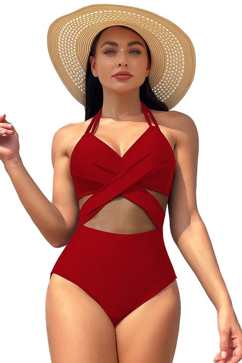 Costum de baie, control abdomen, decolteu in V, detalii mesh Poliester, M, Rosu, M