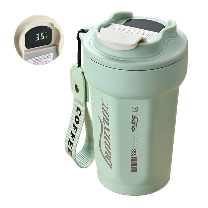 Cana termos cu afisaj inteligent al temperaturii, izolatie termica, 480ml, verde