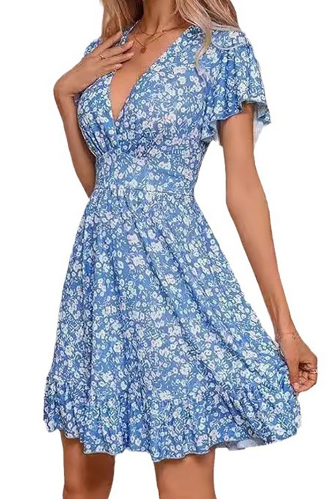 Rochie dama, Decolteu in V, Volane, maneci scurte, floral, talie inalta, M, Poliester, LEIISVK, Albastru si alb floral
