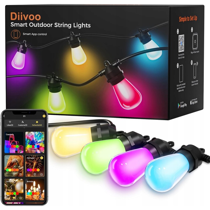Комплект светлинна верига Diivoo LED, 15 м, Bluetooth, IP65, водоустойчив