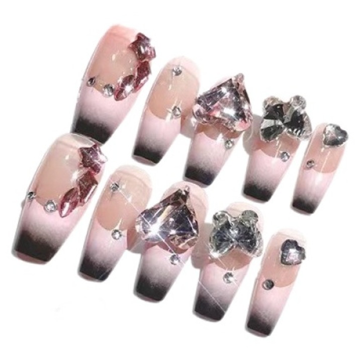 Set 24 Unghii false press-on, zirconiu, multicolor