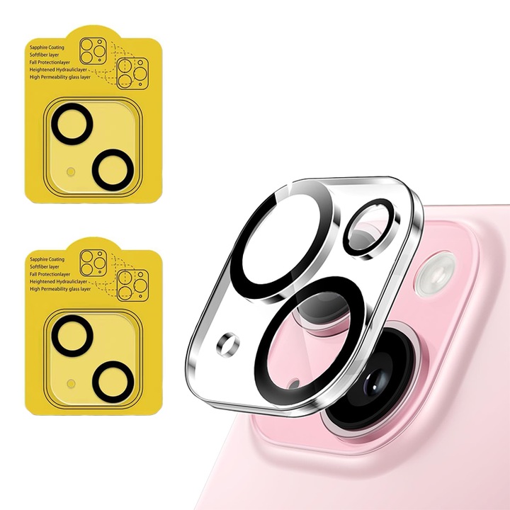 Set 2 folii protectie camera telefon, Sticla securizata, 9H, Pentru iPhone 15 Plus, Transparent