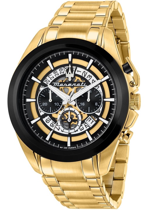Ceas barbatesc Maserati Traguardo, cronograf, data, auriu-negru, 10atm
