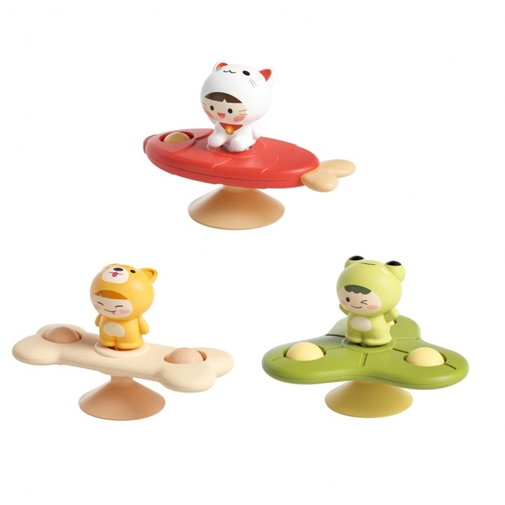 Jucarie Educativa Senzoriala pentru Copii RUIOMII®, Set 3 jucarii cu ventuza spinner, jucarii de baie pentru copii, pisica, caine, broasca, Verde